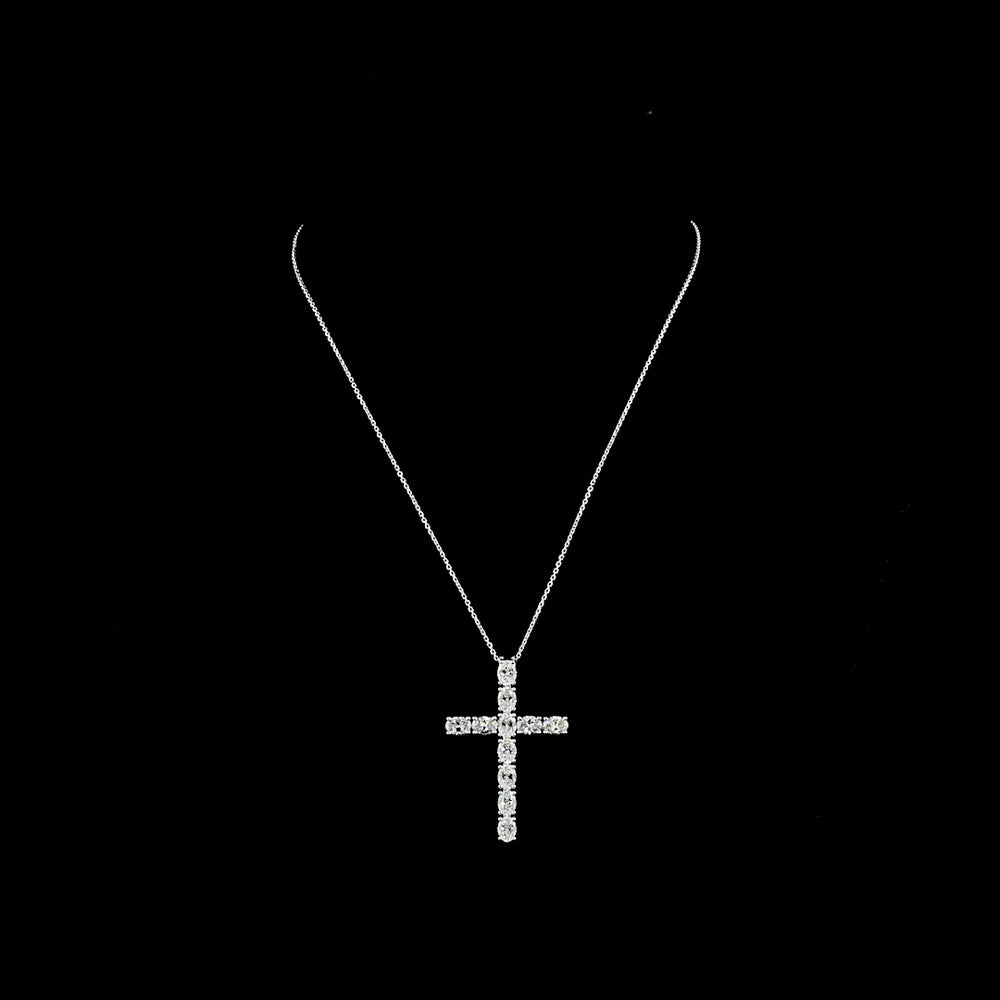 14K White Gold Oval Shaped Cross Pendant with 11 Prong-Set Lab Grown Diamonds - 4.11 Carat Total Diamond Weight - Covaloro Fine Jewelry