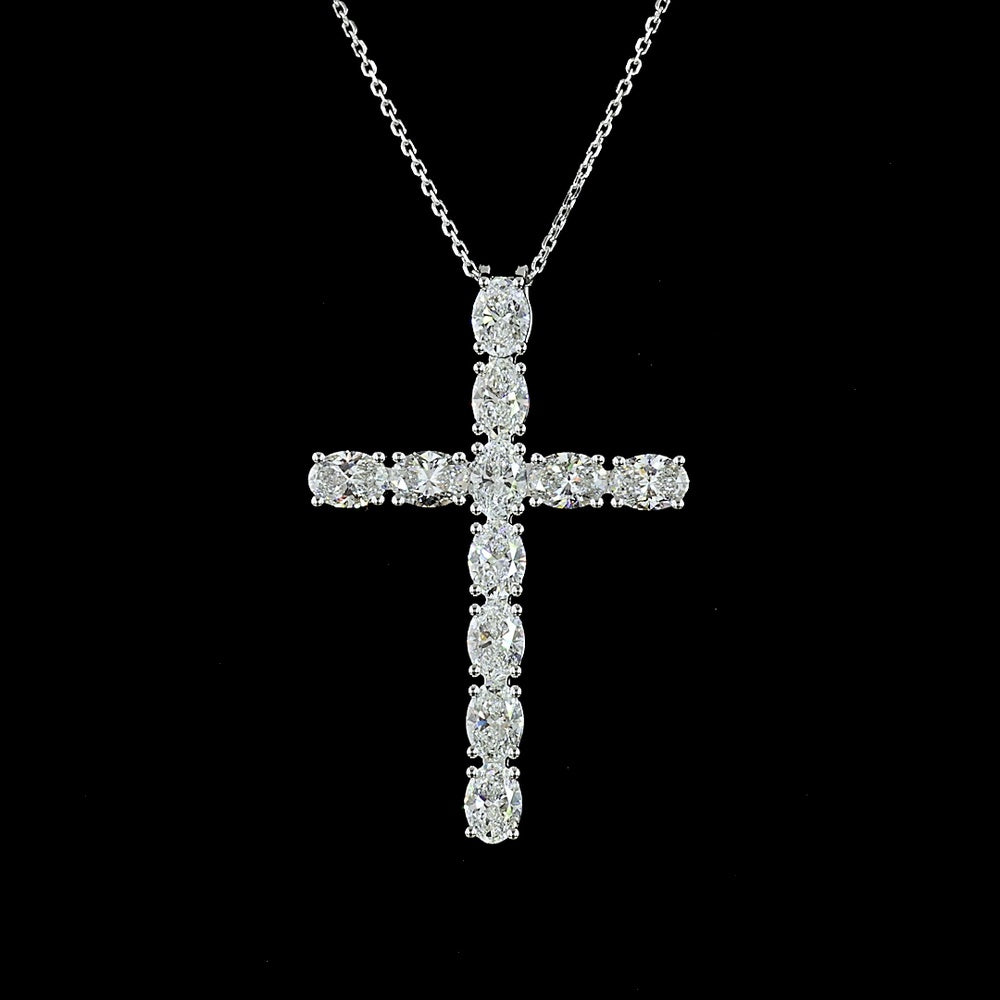 14K White Gold Oval Shaped Cross Pendant with 11 Prong-Set Lab Grown Diamonds - 4.11 Carat Total Diamond Weight - Covaloro Fine Jewelry