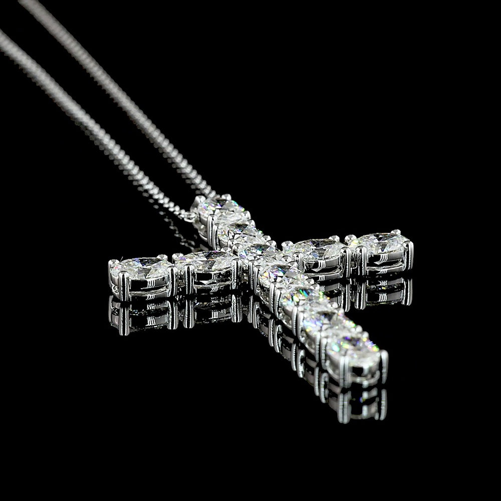 14K White Gold Oval Shaped Cross Pendant with 11 Prong-Set Lab Grown Diamonds - 4.11 Carat Total Diamond Weight - Covaloro Fine Jewelry