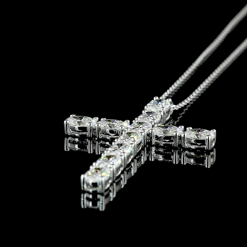 14K White Gold Oval Shaped Cross Pendant with 11 Prong-Set Lab Grown Diamonds - 4.11 Carat Total Diamond Weight - Covaloro Fine Jewelry