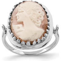 14K White Gold Oval Shell Cameo Ring with Polished Bezel Setting by Oro Pregiato