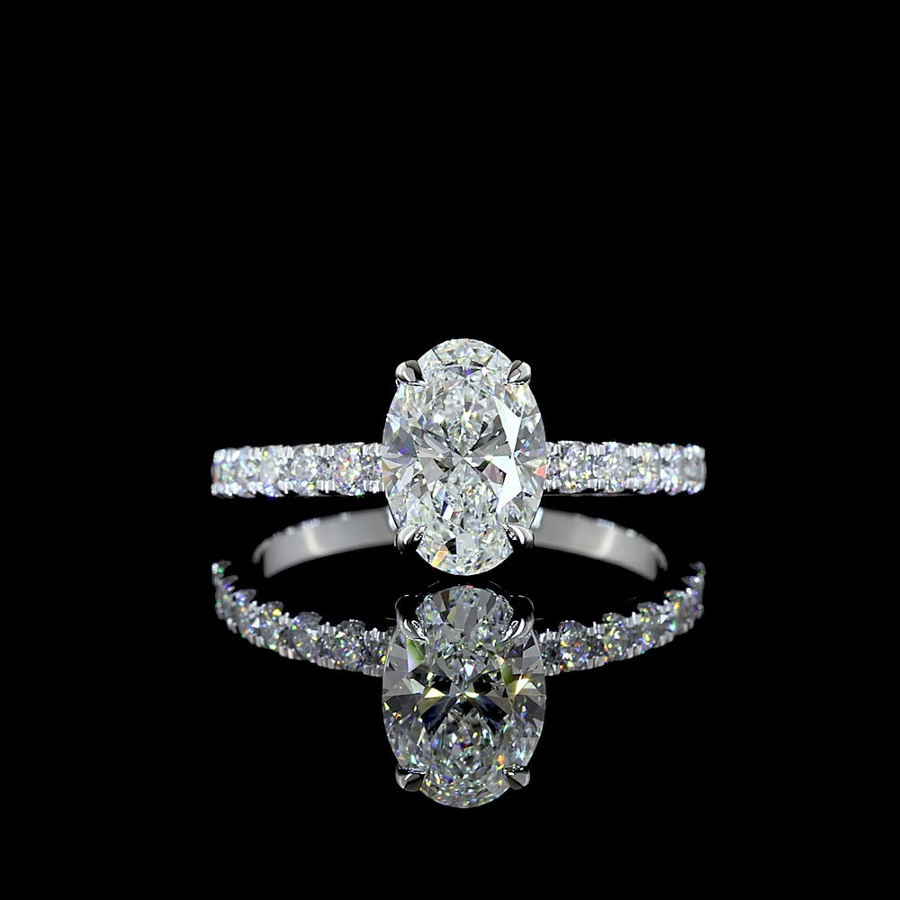 14K White Gold Oval Solitaire Diamond Shank Ring featuring 1.52 Carats D VVS2 Center and 0.45 Carats E VS1 Diamond Band Accents - 1.97 Total Carat Weight, IGI Certified - Covaloro Fine Jewelry