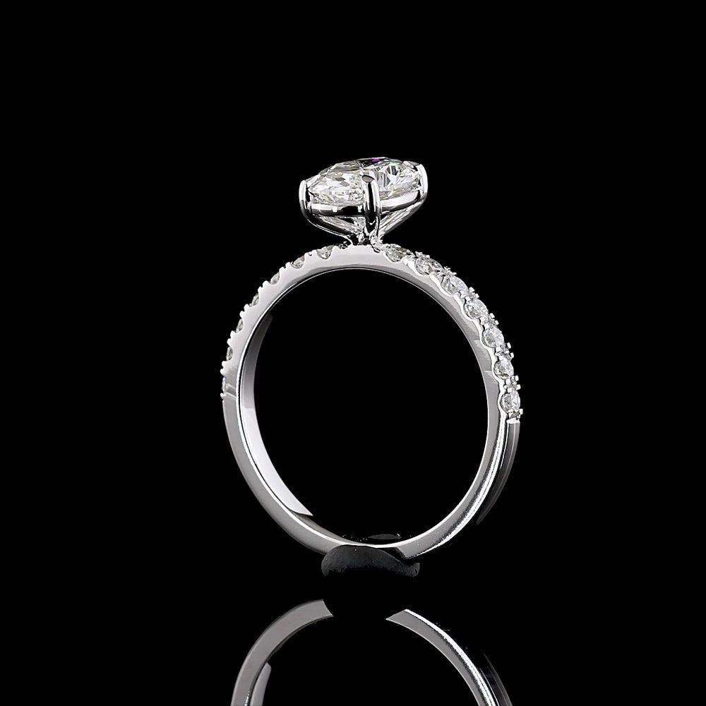 14K White Gold Oval Solitaire Diamond Shank Ring featuring 1.52 Carats D VVS2 Center and 0.45 Carats E VS1 Diamond Band Accents - 1.97 Total Carat Weight, IGI Certified - Covaloro Fine Jewelry