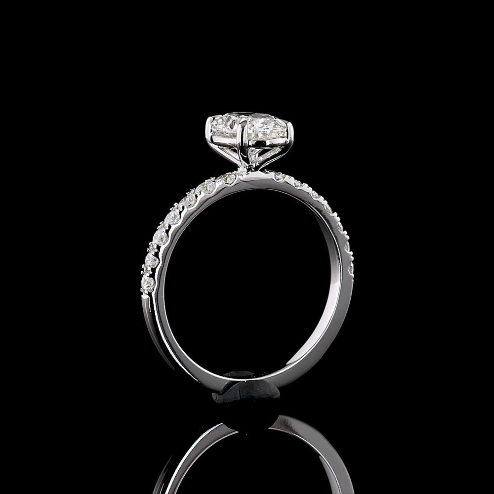 14K White Gold Oval Solitaire Diamond Shank Ring featuring 1.52 Carats D VVS2 Center and 0.45 Carats E VS1 Diamond Band Accents - 1.97 Total Carat Weight, IGI Certified - Covaloro Fine Jewelry