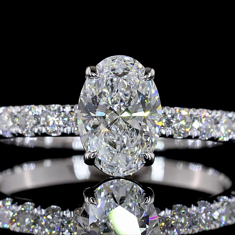 14K White Gold Oval Solitaire Diamond Shank Ring with 1.03 Carat D VVS2 Center Stone and 0.43 Carat Brilliant Cut Accent Diamonds - 1.46 Carat Total Diamond Weight - Covaloro Fine Jewelry