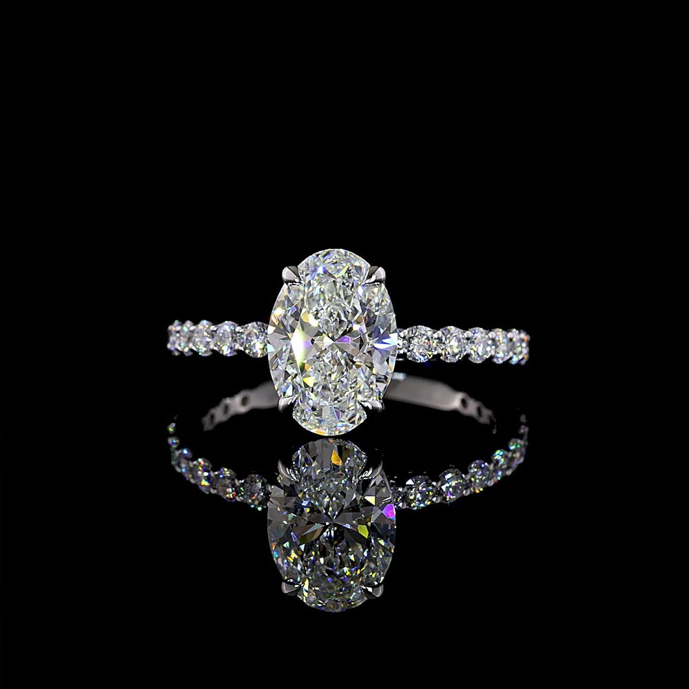 14K White Gold Oval Solitaire Diamond Shank Ring with 2.01 Carat Oval D VVS2 Center and 0.66 Carat Round Brilliant Cut E VS1 Side Diamonds - 2.67 Total Carat Weight - Covaloro Fine Jewelry