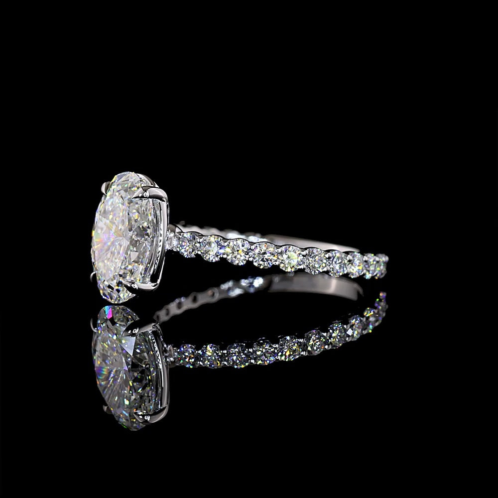 14K White Gold Oval Solitaire Diamond Shank Ring with 2.01 Carat Oval D VVS2 Center and 0.66 Carat Round Brilliant Cut E VS1 Side Diamonds - 2.67 Total Carat Weight - Covaloro Fine Jewelry