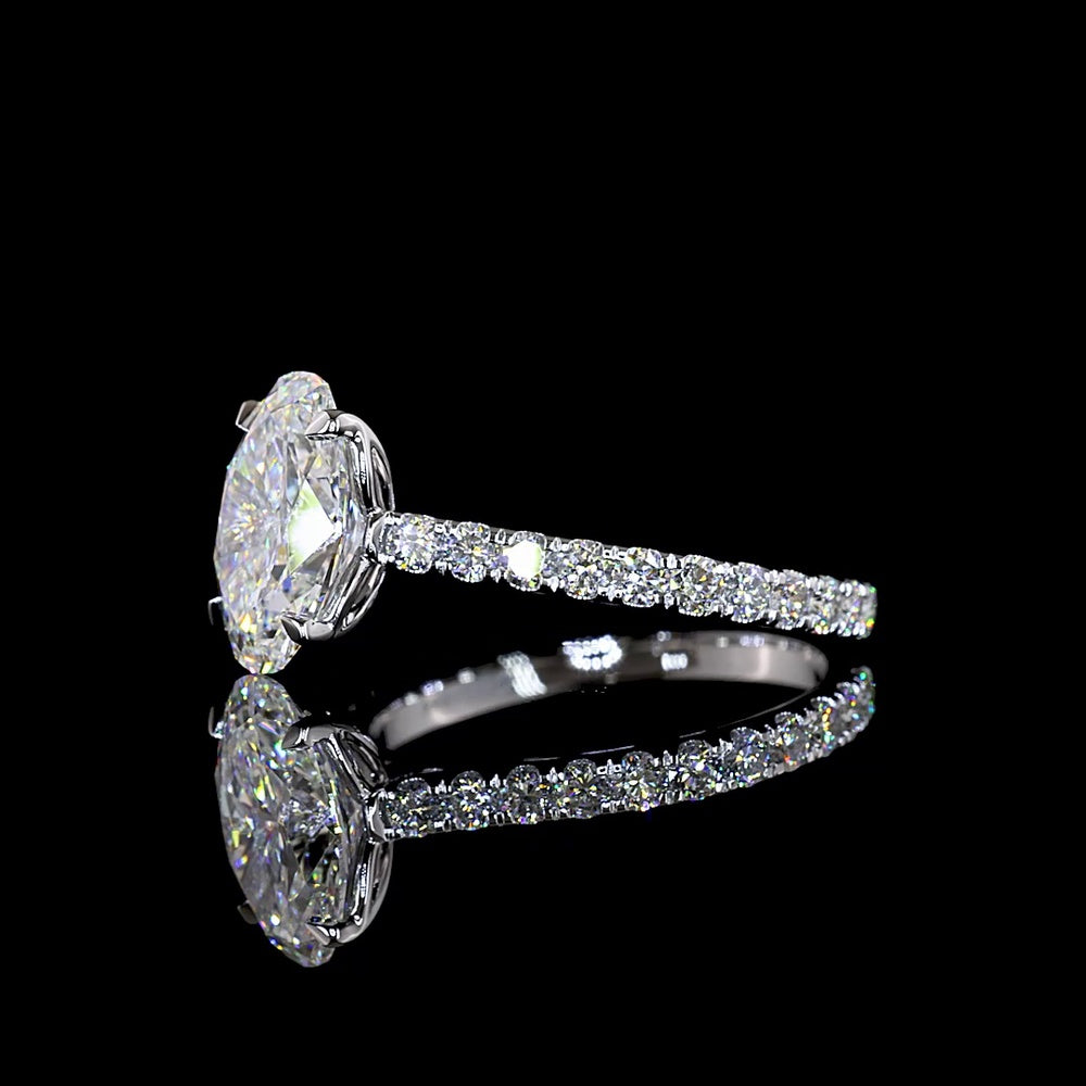 14K White Gold Oval Solitaire Diamond Shank Ring with 2.56 Carat Center E VVS2 Lab Diamond and 0.73 Carat Brilliant Cut Side Diamonds - 3.29 Carat Total Weight IGI Certified - Covaloro Fine Jewelry