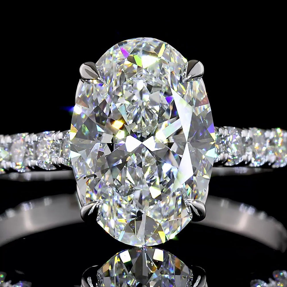 14K White Gold Oval Solitaire Diamond Shank Ring with 2.56 Carat Center E VVS2 Lab Diamond and 0.73 Carat Brilliant Cut Side Diamonds - 3.29 Carat Total Weight IGI Certified - Covaloro Fine Jewelry