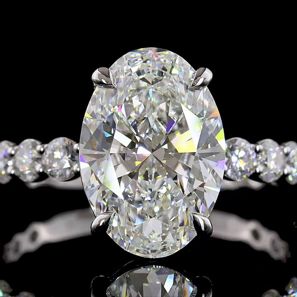 14K White Gold Oval Solitaire Ring with Brilliant Cut Diamond Accented Shank - 3.93 Carat Total Diamond Weight (3.03 Carat Center D VVS2 Lab Diamond) - Covaloro Fine Jewelry
