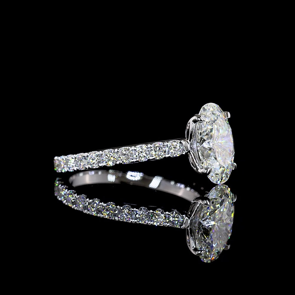 14K White Gold Oval Solitaire Shank Ring with 2.03 Carat Center Lab Diamond and 0.72 Carat Brilliant Cut Accents - Total 2.75 Carats IGI Certified - Covaloro Fine Jewelry