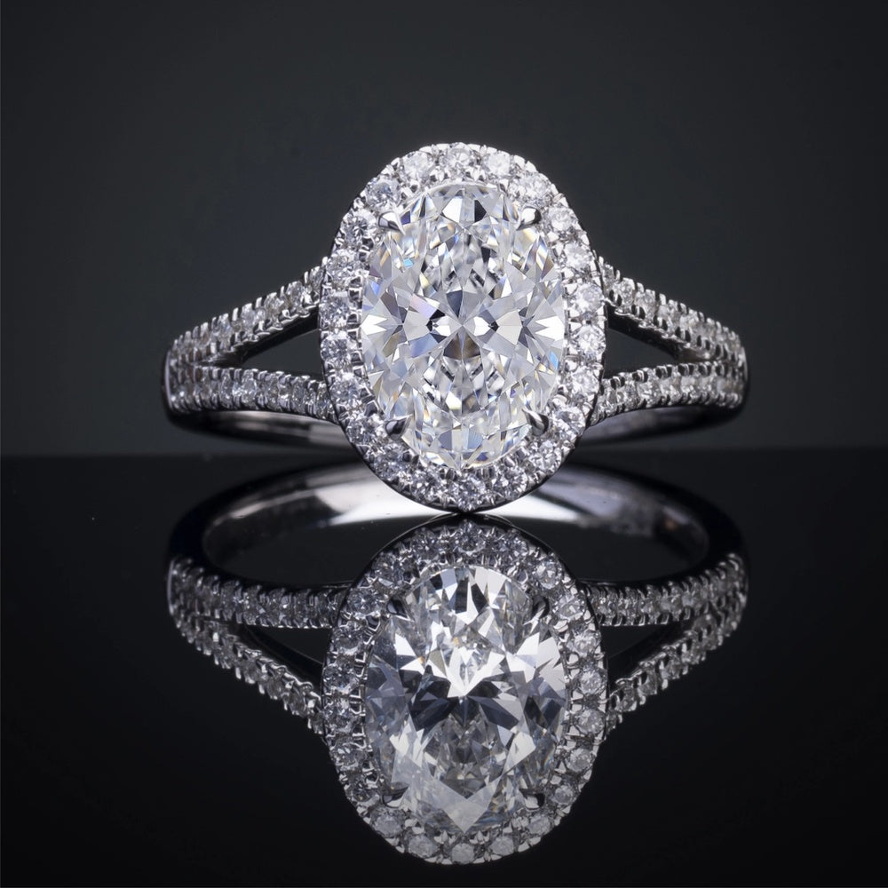 14K White Gold Oval Split Shank Halo Ring with 2.01 Carat Lab Diamond Center and 0.51 Carat Accent Diamonds - 2.52 Carat Total Weight - Covaloro Fine Jewelry