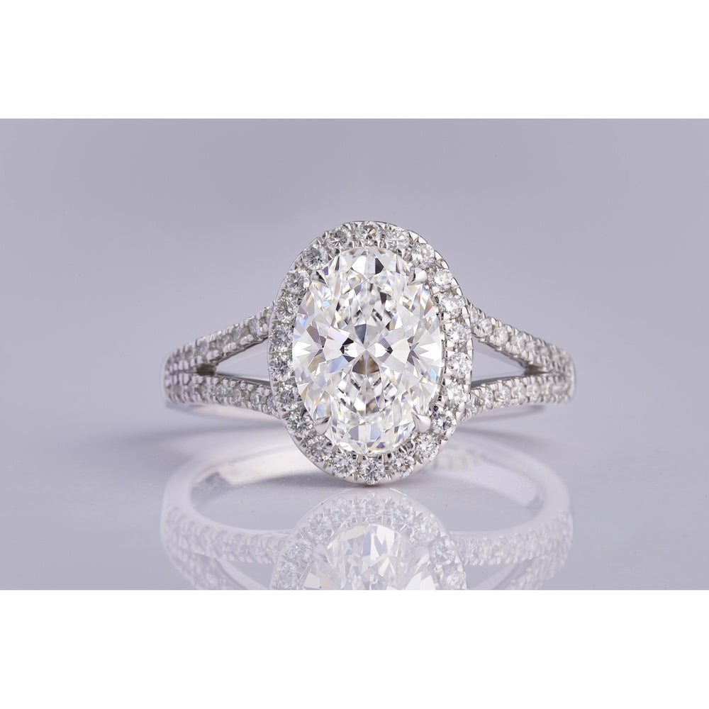 14K White Gold Oval Split Shank Halo Ring with 2.01 Carat Lab Diamond Center and 0.51 Carat Accent Diamonds - 2.52 Carat Total Weight - Covaloro Fine Jewelry