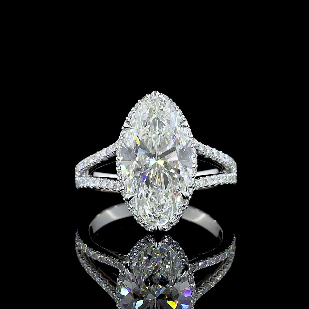14K White Gold Oval Split Shank Ring with 4.56 Carat Oval Cut Lab Diamond and 0.62 Carat Brilliant Cut Side Diamonds - 5.18 Carat Total Weight, IGI Certified E VVS2 - Covaloro Fine Jewelry