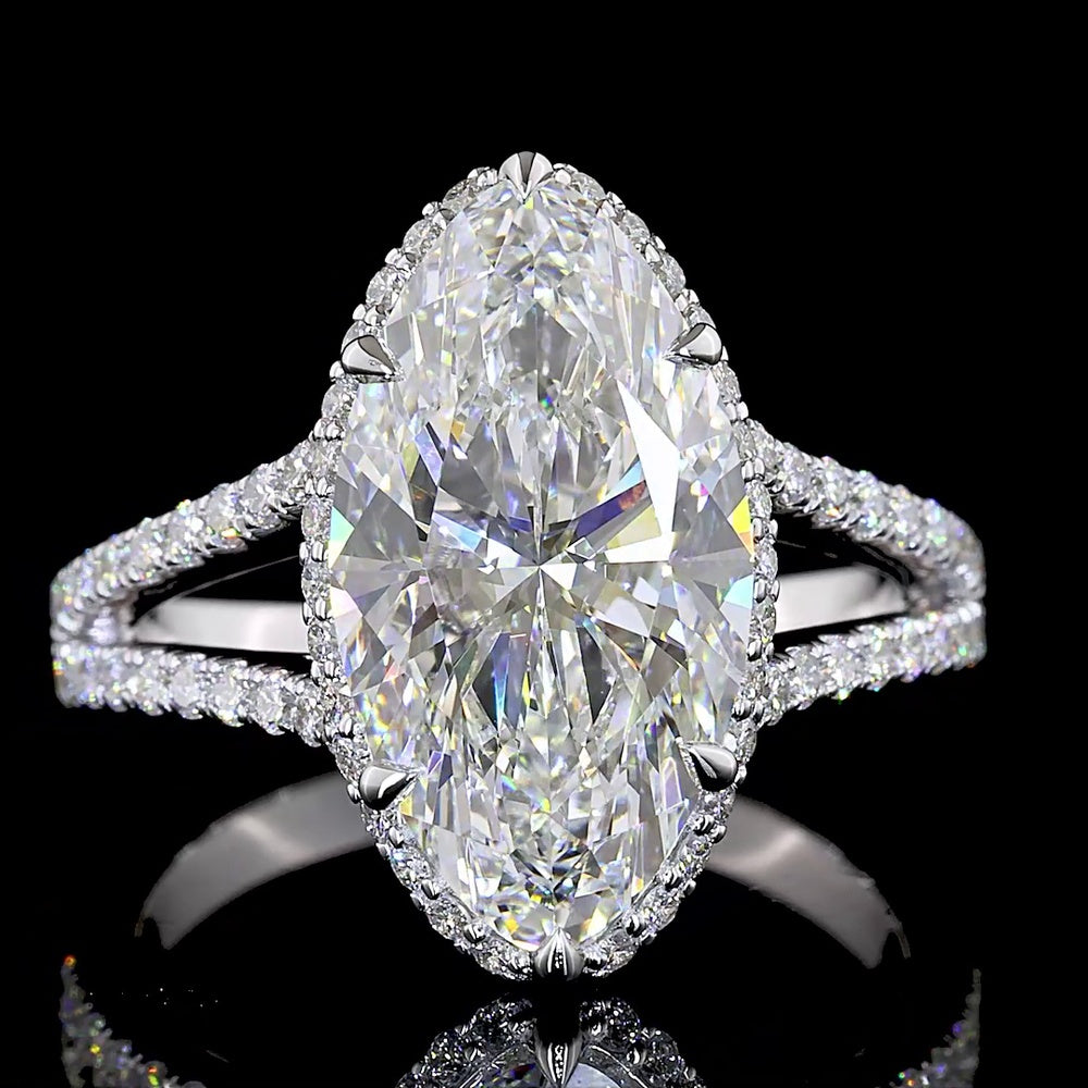 14K White Gold Oval Split Shank Ring with 4.56 Carat Oval Cut Lab Diamond and 0.62 Carat Brilliant Cut Side Diamonds - 5.18 Carat Total Weight, IGI Certified E VVS2 - Covaloro Fine Jewelry