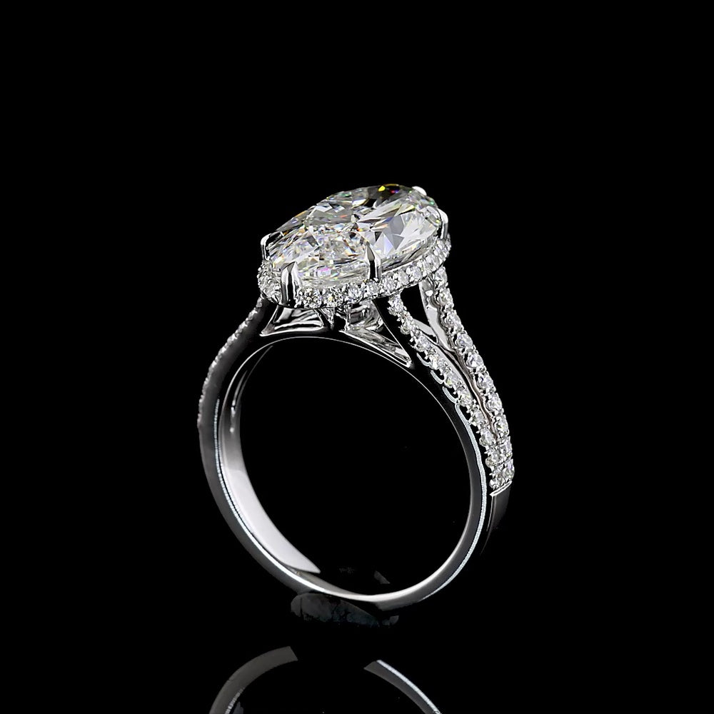 14K White Gold Oval Split Shank Ring with 4.56 Carat Oval Cut Lab Diamond and 0.62 Carat Brilliant Cut Side Diamonds - 5.18 Carat Total Weight, IGI Certified E VVS2 - Covaloro Fine Jewelry