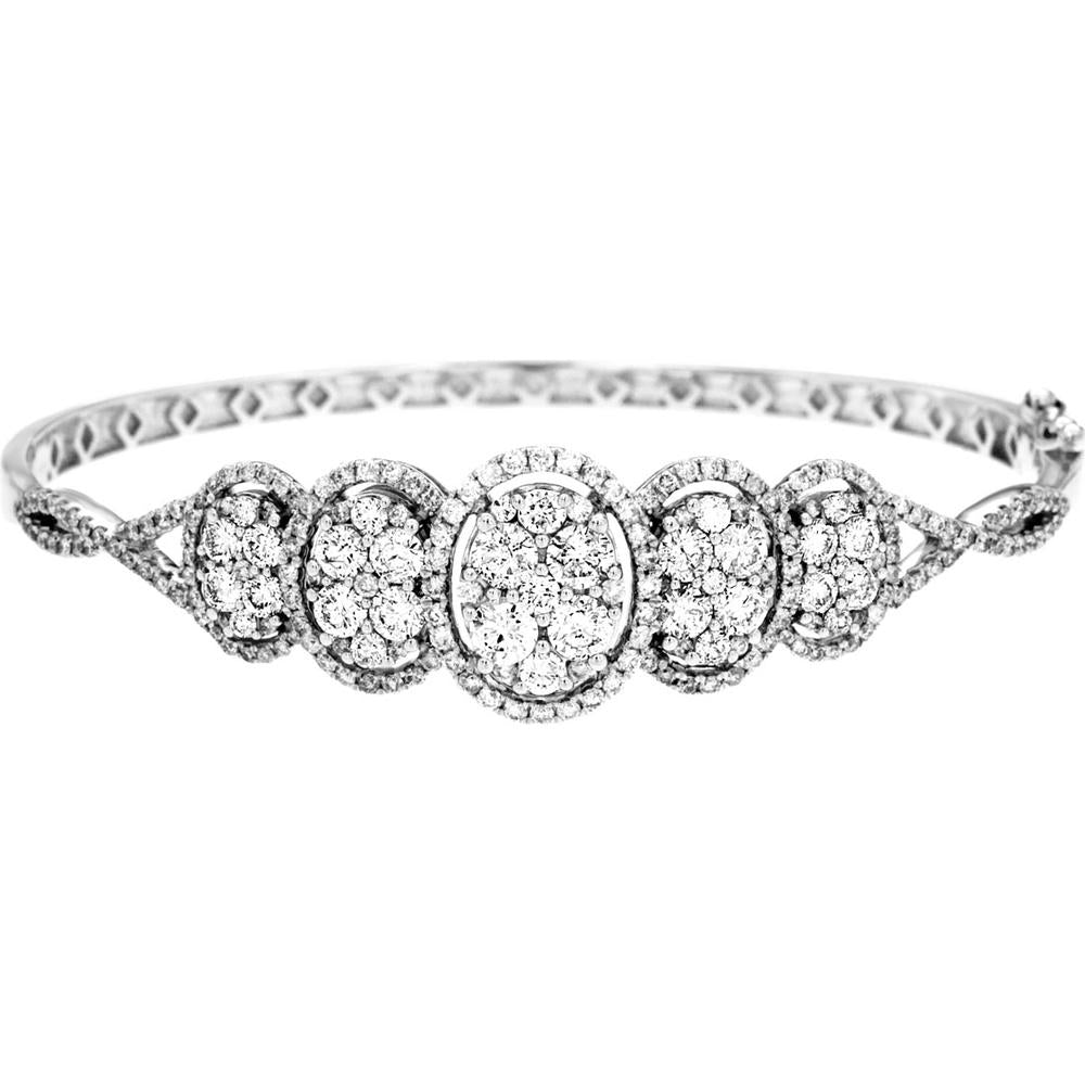 14K White Gold Oval Station Diamond Bangle Bracelet with Round Diamonds - 3.80 Carat Total Diamond Weight - Royal Jewelry