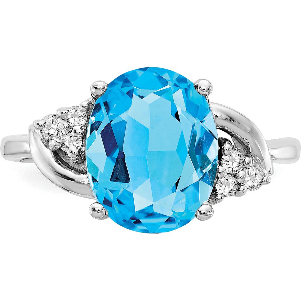 14K White Gold Oval Swiss Blue Topaz and Diamond Accent Ring - 3.25 Carat Topaz, 0.01 Carat Diamond Total Weight by Monteluci Fine Jewelry