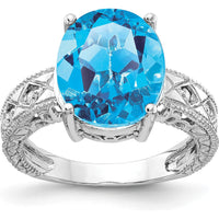 14K White Gold Oval Swiss Blue Topaz and Diamond Ring with Filigree Detail - 6.01 Carat Total Gem Weight by Monteluci Fine Jewelry