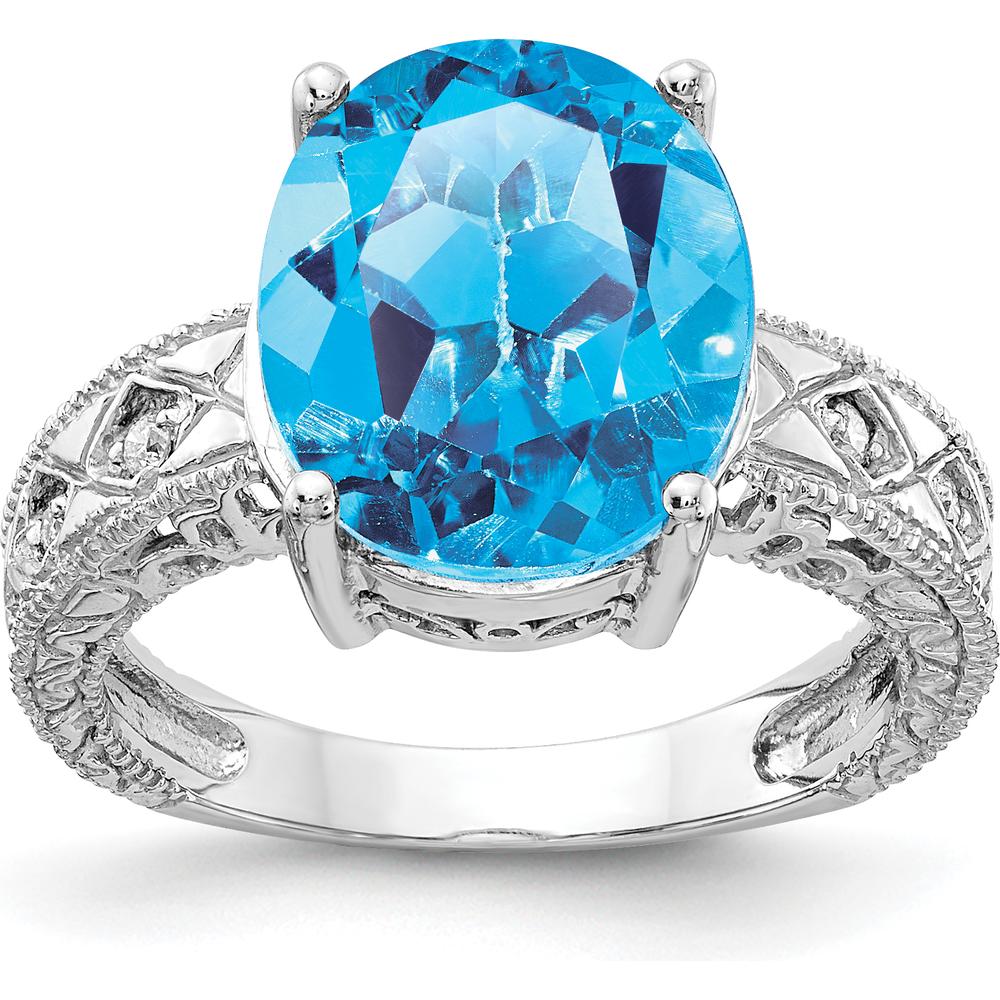 14K White Gold Oval Swiss Blue Topaz and Diamond Ring with Filigree Detail - 6.01 Carat Total Gem Weight by Monteluci Fine Jewelry
