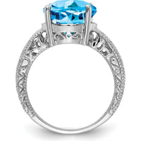 14K White Gold Oval Swiss Blue Topaz and Diamond Ring with Filigree Detail - 6.01 Carat Total Gem Weight by Monteluci Fine Jewelry