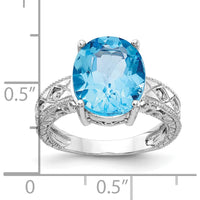 14K White Gold Oval Swiss Blue Topaz and Diamond Ring with Filigree Detail - 6.01 Carat Total Gem Weight by Monteluci Fine Jewelry