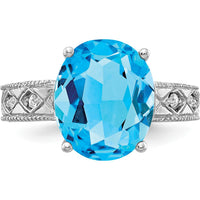 14K White Gold Oval Swiss Blue Topaz and Diamond Ring with Filigree Detail - 6.01 Carat Total Gem Weight by Monteluci Fine Jewelry
