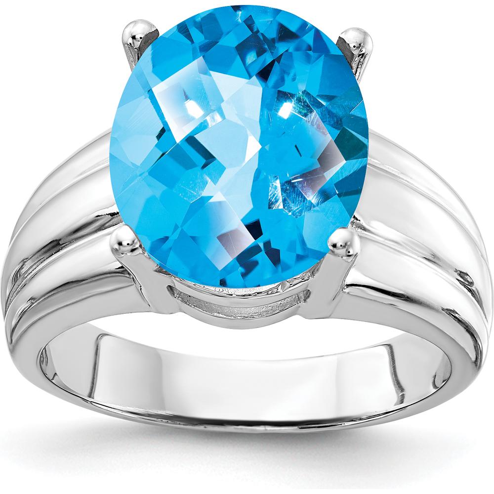 14K White Gold Oval Swiss Blue Topaz Checkerboard Cut Ring - 6.00 Carat Total Gem Weight by Monteluci Fine Jewelry