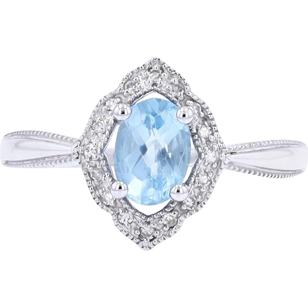 14K White Gold Oval Swiss Blue Topaz Ring with Scalloped Diamond Halo - 0.10 Carats Diamond Total Weight