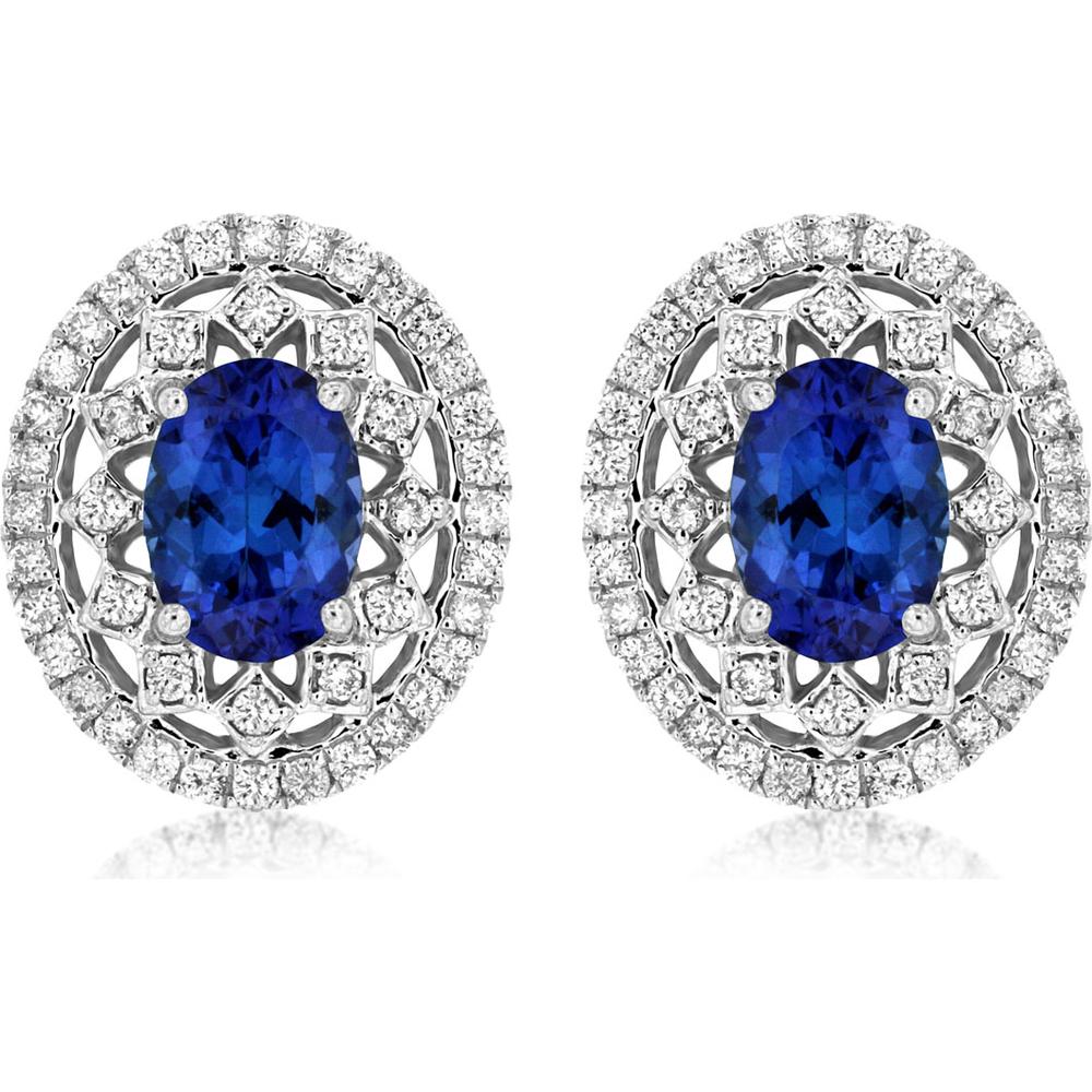 14K White Gold Oval Tanzanite and Diamond Double Halo Earrings - 1.70 Carat Total Tanzanite Weight, 0.24 Carat Total Diamond Weight - Royal Jewelry