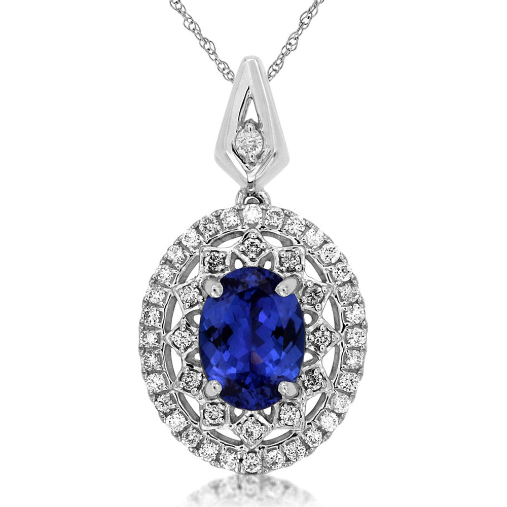 14K White Gold Oval Tanzanite and Diamond Double Halo Pendant with Milgrain Details - 1.30 Carat Tanzanite and 0.48 Carat Total Diamond Weight - Royal Jewelry