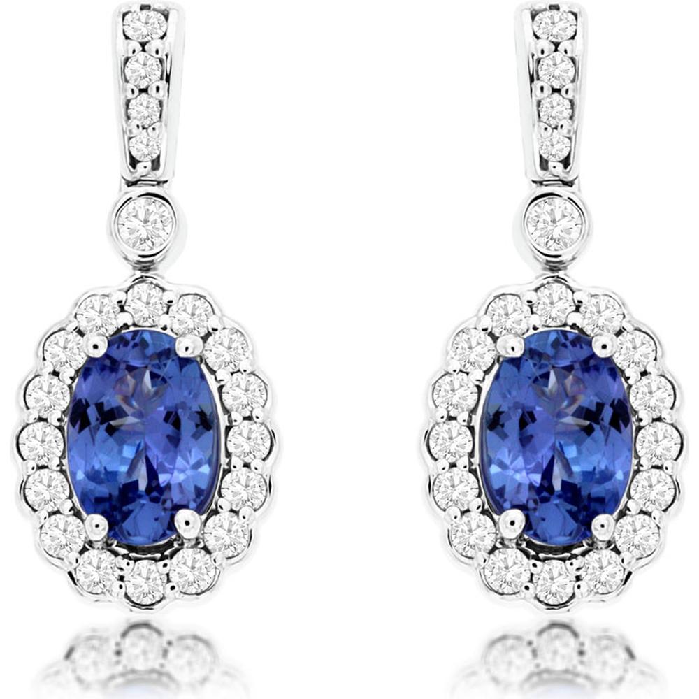 14K White Gold Oval Tanzanite and Diamond Halo Drop Earrings with Milgrain Detail - 1.00 Carat Total Tanzanite Weight, 0.33 Carat Total Diamond Weight - Royal Jewelry