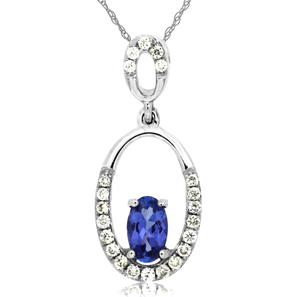14K White Gold Oval Tanzanite and Diamond Halo Pendant - 0.24 Carats Tanzanite, 0.10 Carats Diamonds