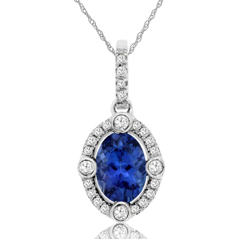 14K White Gold Oval Tanzanite and Diamond Halo Pendant - 0.85 Carat Tanzanite, 0.14 Carat Total Diamond Weight - Royal Jewelry