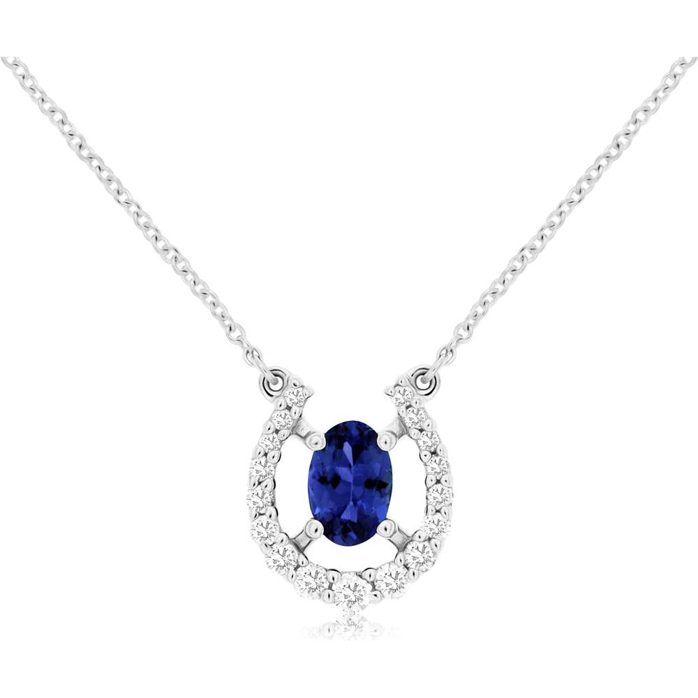 14K White Gold Oval Tanzanite and Diamond Halo Pendant Necklace - 0.50 Carat Tanzanite and 0.20 Carat Total Diamond Weight - Royal Jewelry