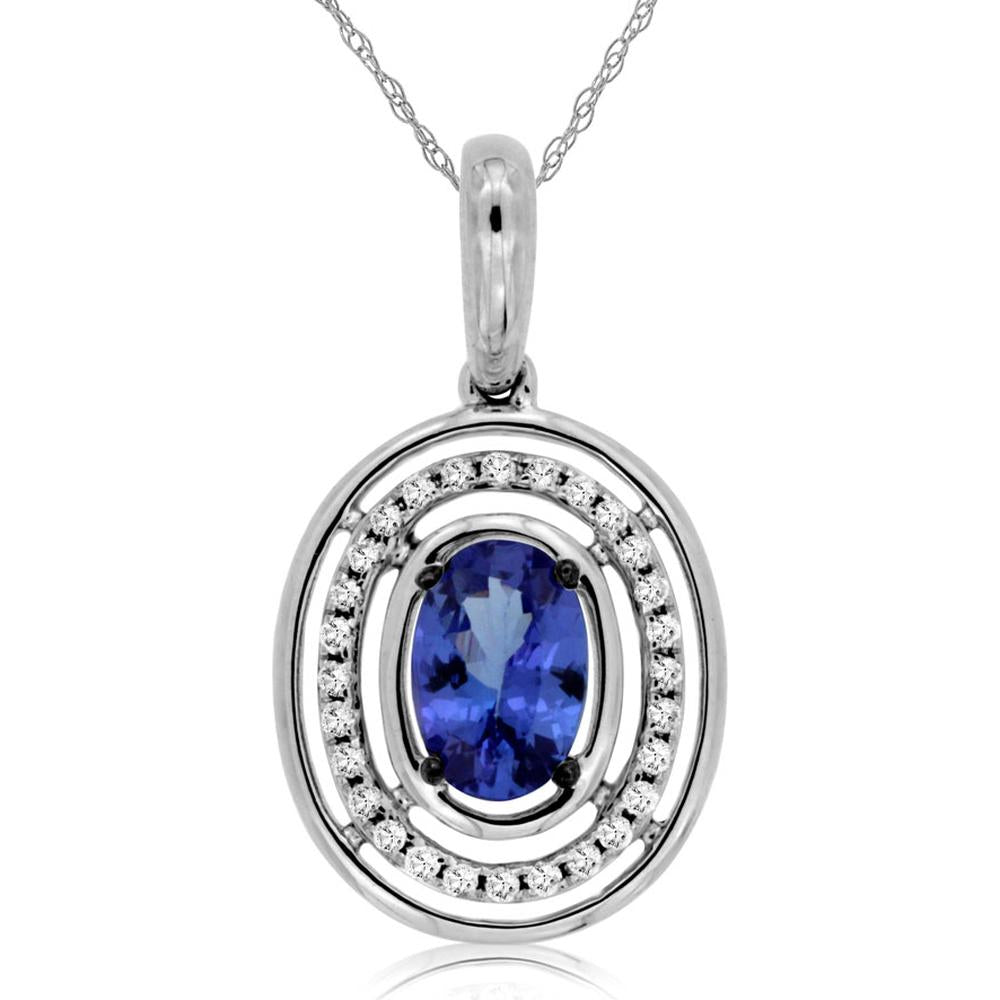 14K White Gold Oval Tanzanite and Diamond Halo Pendant Necklace - 0.50 Carats Tanzanite, 0.09 Carats Total Diamond Weight