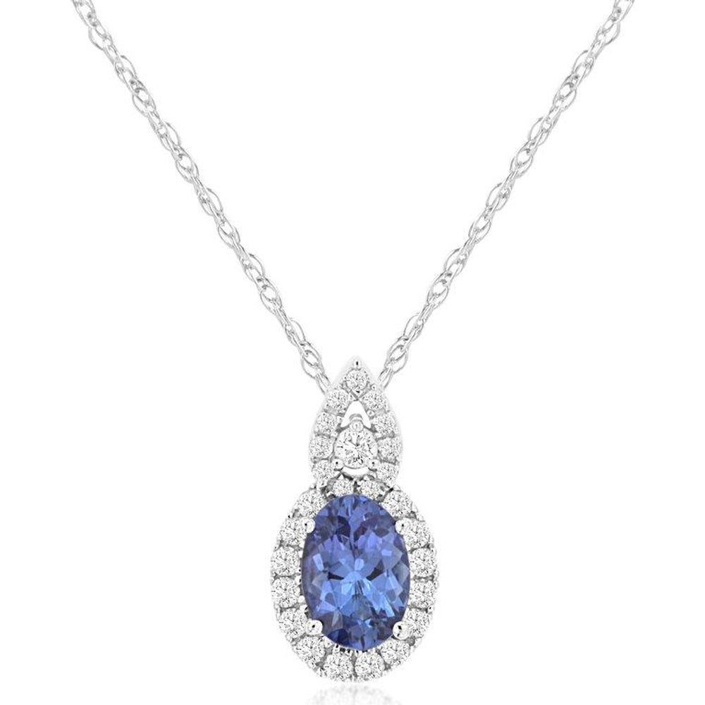 14K White Gold Oval Tanzanite and Diamond Halo Pendant Necklace - 0.84 Carat Tanzanite and 0.22 Carat Total Diamond Weight - Royal Jewelry