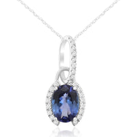 14K White Gold Oval Tanzanite and Diamond Halo Pendant Necklace - 0.84 Carat Tanzanite with 0.10 Carat Diamond Accents - Royal Jewelry