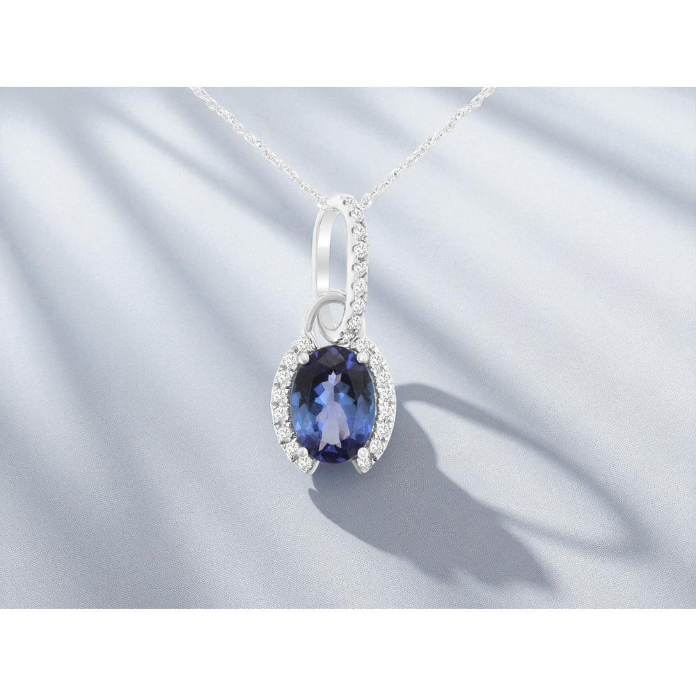 14K White Gold Oval Tanzanite and Diamond Halo Pendant Necklace - 0.84 Carat Tanzanite with 0.10 Carat Diamond Accents - Royal Jewelry