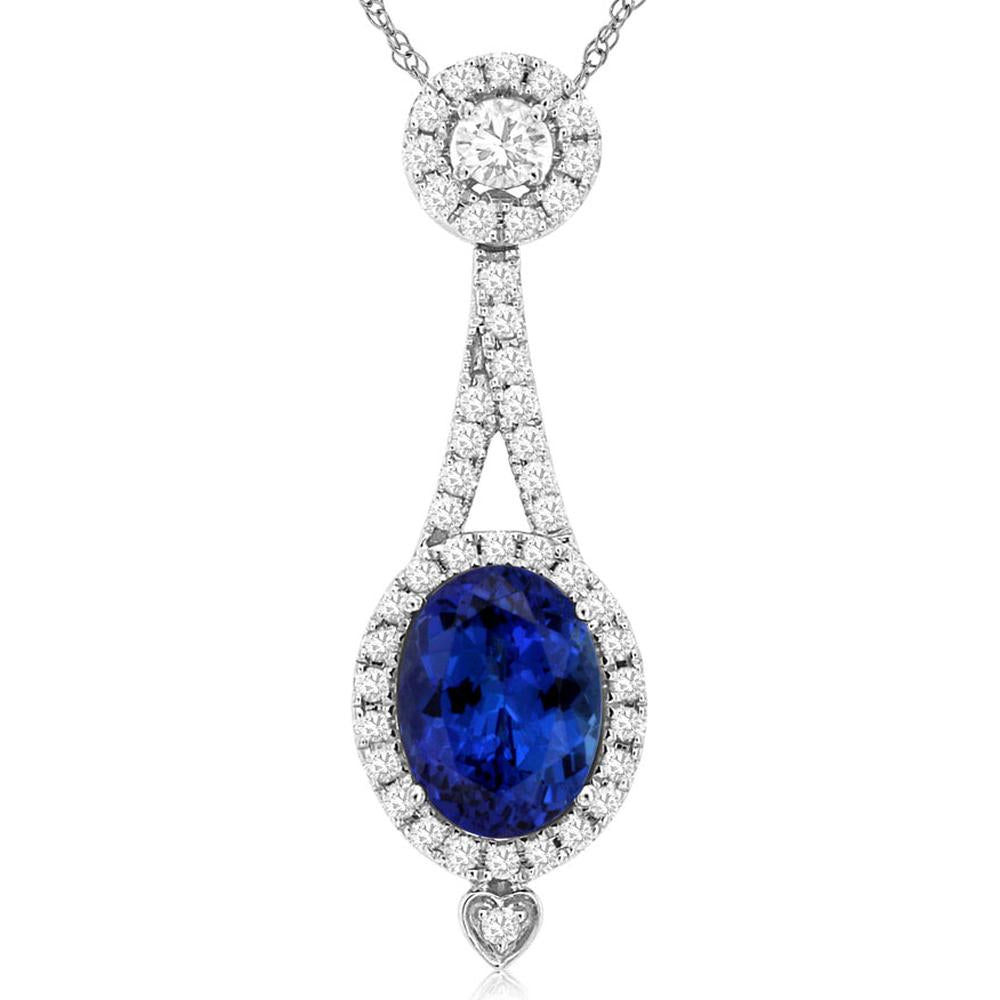 14K White Gold Oval Tanzanite and Diamond Halo Pendant Necklace - 1.30 Carat Tanzanite, 0.33 Carat Total Diamond Weight - Royal Jewelry