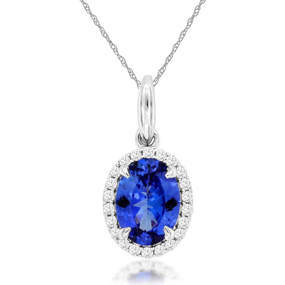 14K White Gold Oval Tanzanite and Diamond Halo Pendant Necklace - 1.30 Carat Tanzanite with 0.14 Carat Total Diamond Weight - Royal Jewelry