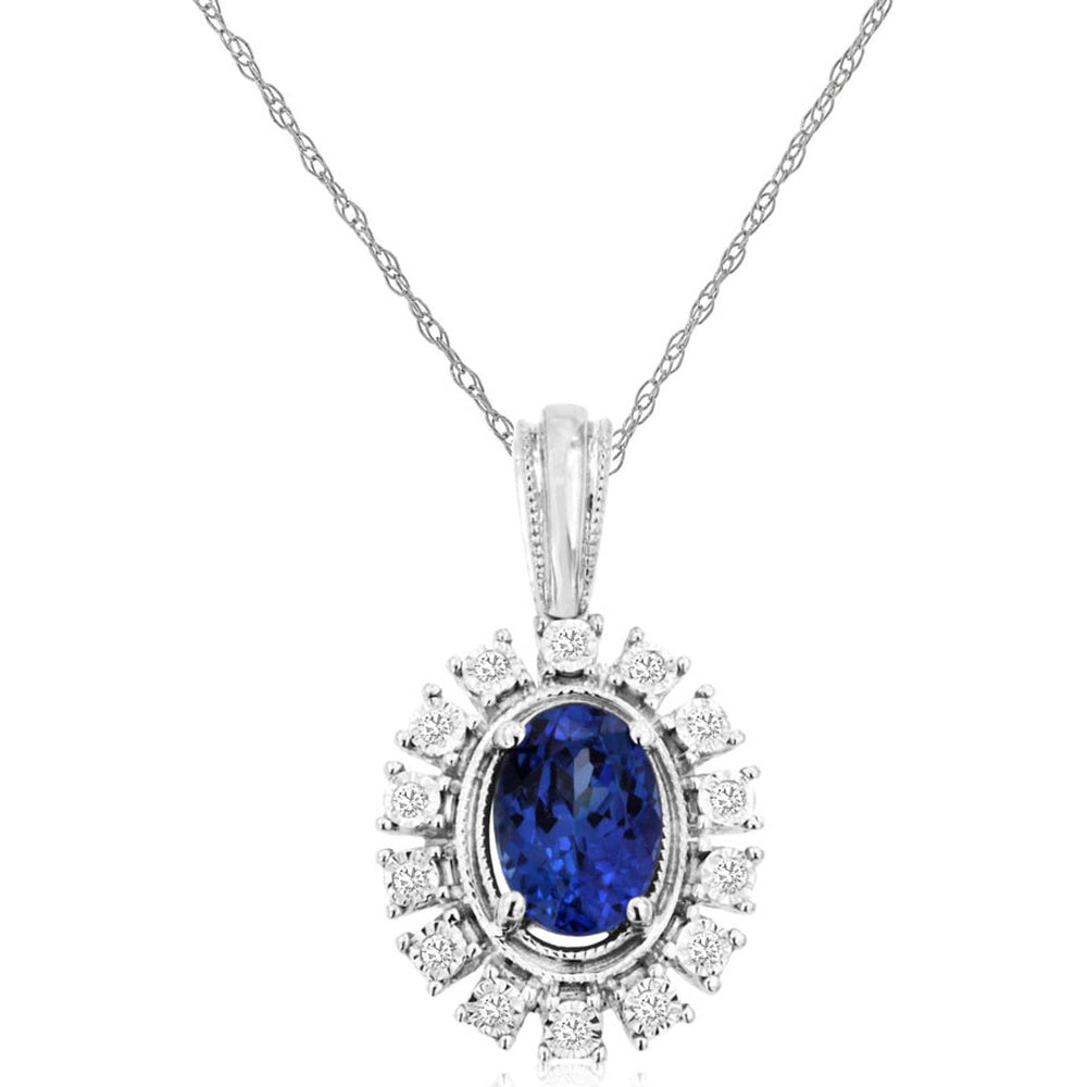 14K White Gold Oval Tanzanite and Diamond Halo Pendant Necklace with Milgrain Detail - 0.84 Carat Tanzanite and 0.07 Carat Total Diamond Weight - Royal Jewelry