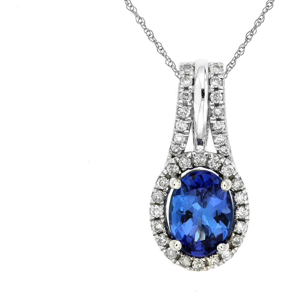 14K White Gold Oval Tanzanite and Diamond Halo Pendant with Split Bail - 1.30 Carat Tanzanite and 0.24 Carat Total Diamond Weight - Royal Jewelry