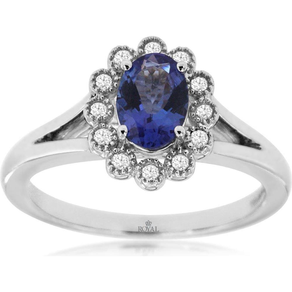 14K White Gold Oval Tanzanite and Diamond Halo Ring with 0.84 Carat Tanzanite and 0.12 Carat Total Diamond Weight - Royal Jewelry