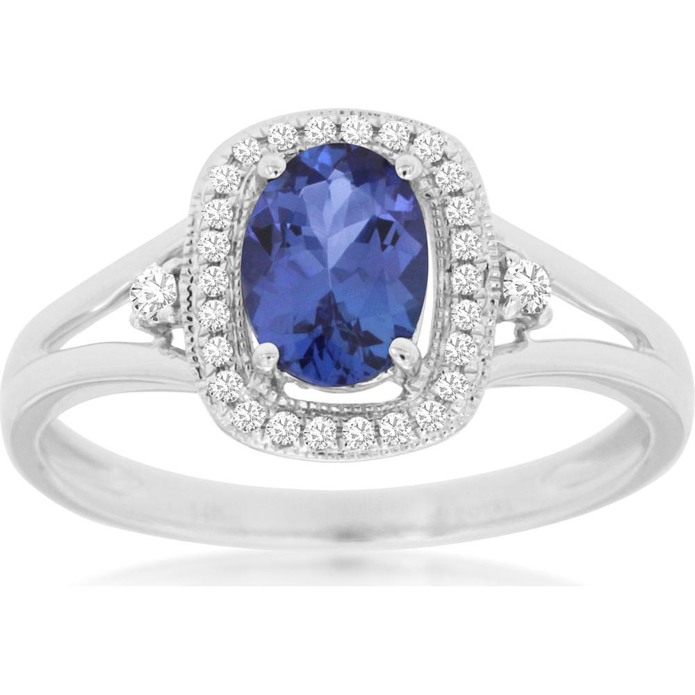 14K White Gold Oval Tanzanite and Diamond Halo Ring with 0.85 Carat Tanzanite and 0.10 Carat Total Diamond Weight - Royal Jewelry