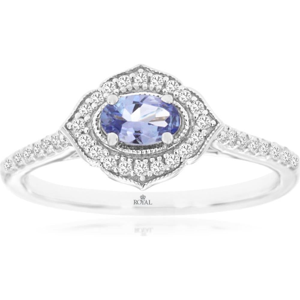14K White Gold Oval Tanzanite and Diamond Halo Ring with Milgrain Detail - 0.22 Carat Tanzanite and 0.20 Carat Total Diamond Weight - Royal Jewelry