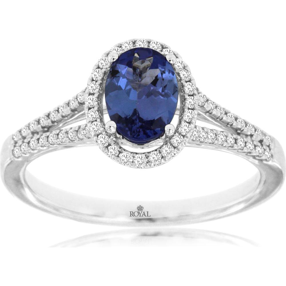 14K White Gold Oval Tanzanite and Diamond Halo Ring with Split Shank - 0.84 Carat Tanzanite and 0.20 Carat Total Diamond Weight - Royal Jewelry