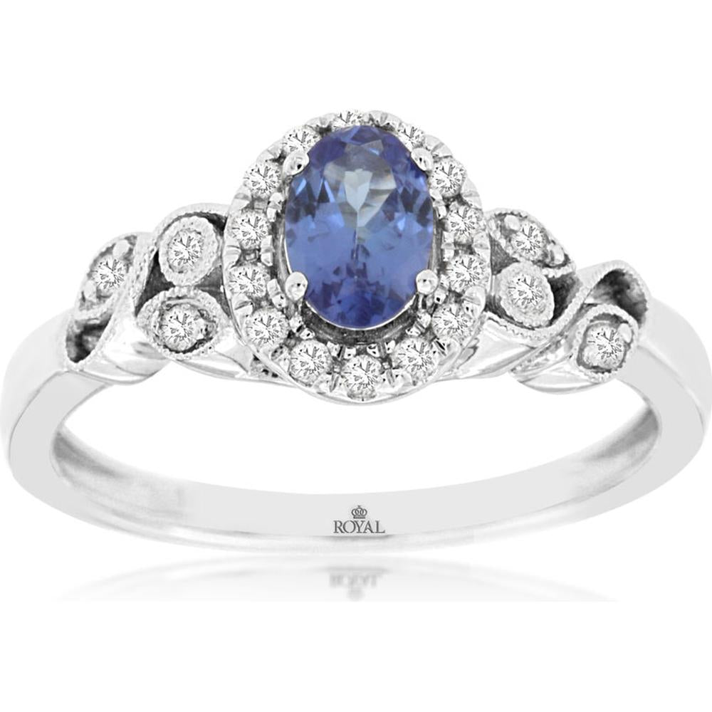 14K White Gold Oval Tanzanite and Diamond Halo Ring with Vintage Scrollwork Details - 0.50 Carat Tanzanite, 0.16 Carat Diamond Total Weight - Royal Jewelry
