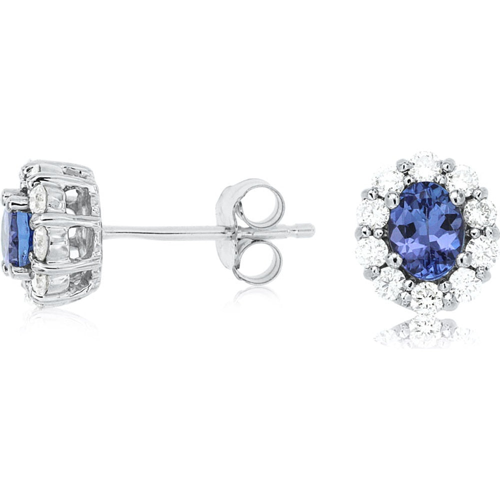 14K White Gold Oval Tanzanite and Diamond Halo Stud Earrings - 0.70 Carat Total Tanzanite Weight and 0.45 Carat Total Diamond Weight - Royal Jewelry