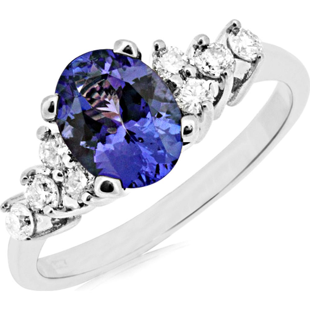 14K White Gold Oval Tanzanite and Round Diamond Accent Ring – 1.30 Carat Tanzanite, 0.35 Carat Diamond Total Weight - Royal Jewelry